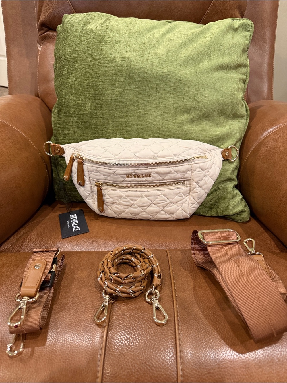 MZ Wallace Crosby Sling Bag - Cream Quilted Crossbody Belt Bag with Tan Trim - Picture 12 of 17